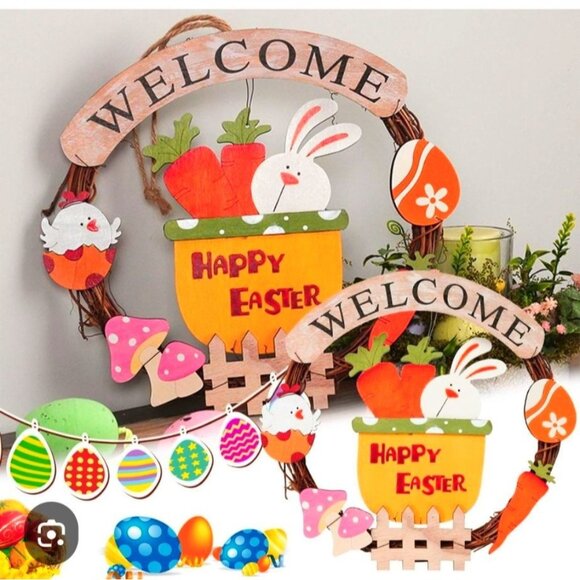 Easter-Themed Welcome Wreath With Bunny Eggs NIB New - Picture 1 of 2